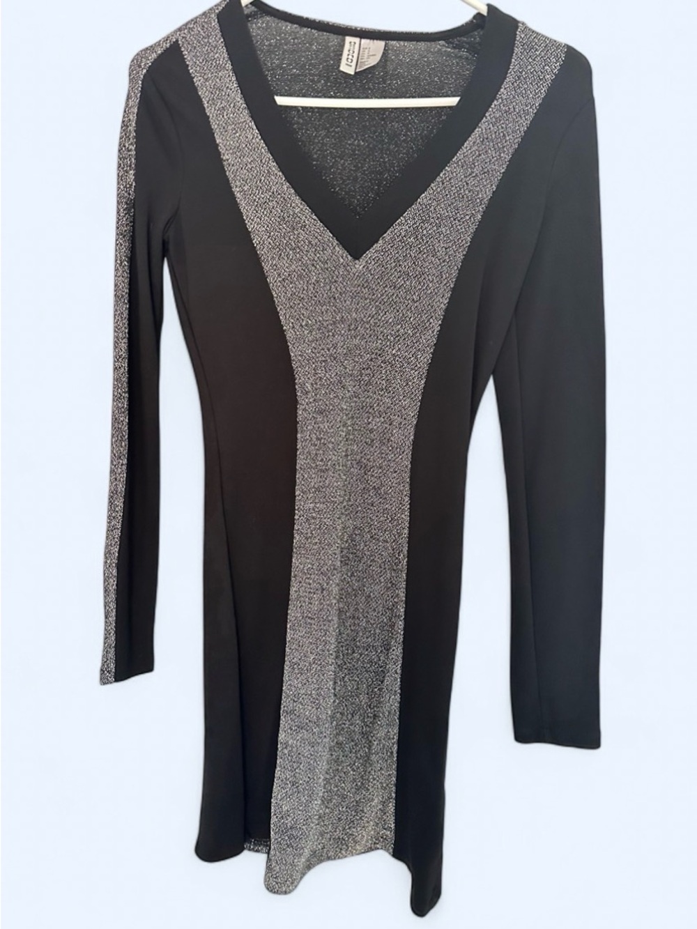Divided Black Long-Sleeve Dress with Silver Glitter Panel